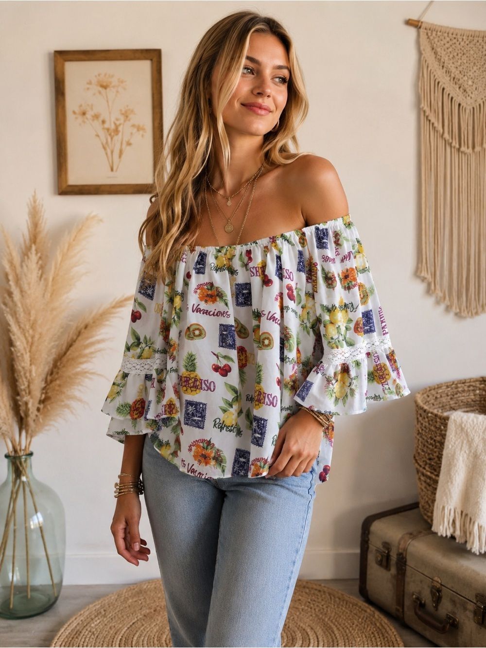 White Off-Shoulder Floral Print Ruffle Sleeve Blouse